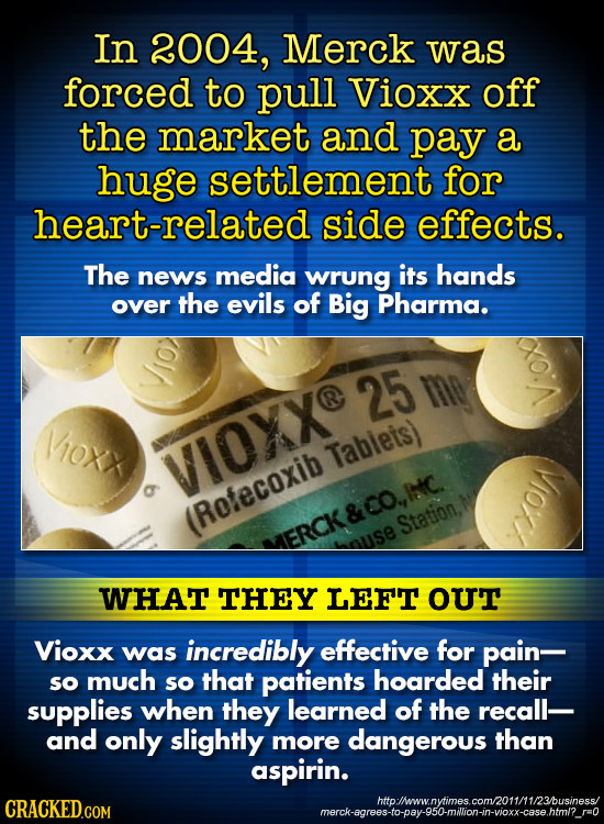 In 2004, Merck was forced to pull Vioxx off the market and pay a huge settlement for heart-related side effects. The news media wrung its hands over t