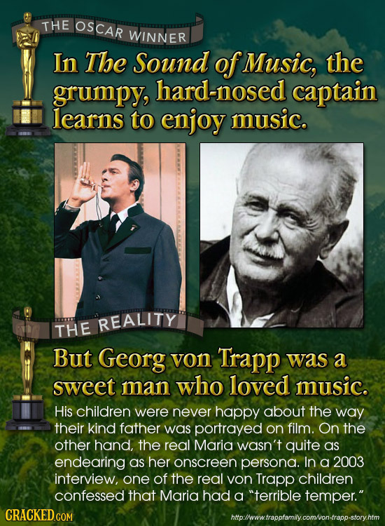 THE OSCAR WINNER In The Sound ofMusic, the grumpy, hard-nosed captain learns to enjoy music. REALITY THE But Georg von Trapp was a sweet man Who loved