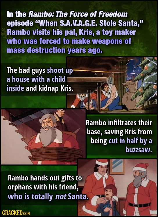 In the Rambo: The Force of Freedom episode When S.A.V.A.G.E. Stole Santa, Rambo visits his pal, Kris, a toy maker who was forced to make weapons of