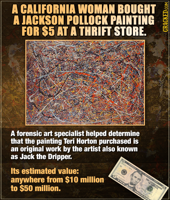 A CALIFORNIA WOMAN BOUGHT A JACKSON POLLOCK PAINTING FOR $5 AT A THRIFT STORE. A forensic art specialist helped determine that the painting Teri Horto