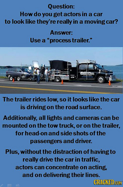 Question: How do you get actors in a car to look like they're really in a moving car? Answer: Use a process trailer. AFEIS The trailer rides low, so