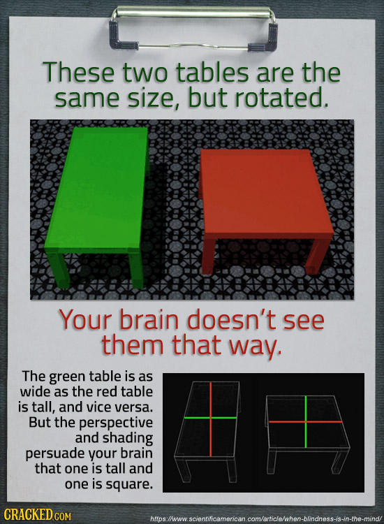 These two tables are the same size, but rotated. Your brain doesn't see them that way. The green table is as wide as the red table is tall, and vice v