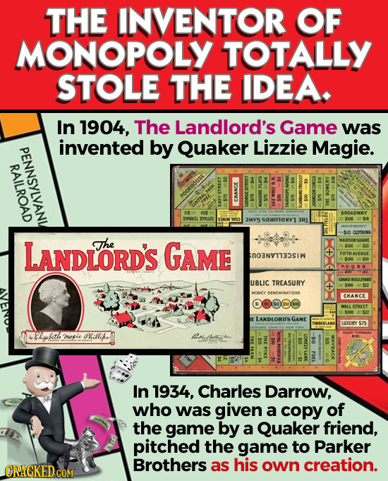 THE INVENTOR OF MONOPOLY TOTALLY STOLE THE IDEA. In 1904, The Landlord's Game was invented by Quaker Lizzie Magie. es POORHOUSE E CMA ROADWAY 31Y SOHO