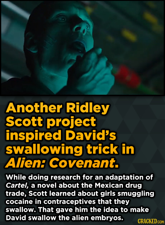 Unpredictably Weird Decisions That Gave Us Major Movie Moments - Another Ridley Scott project inspired David's swallowing trick in Alien: Covenant