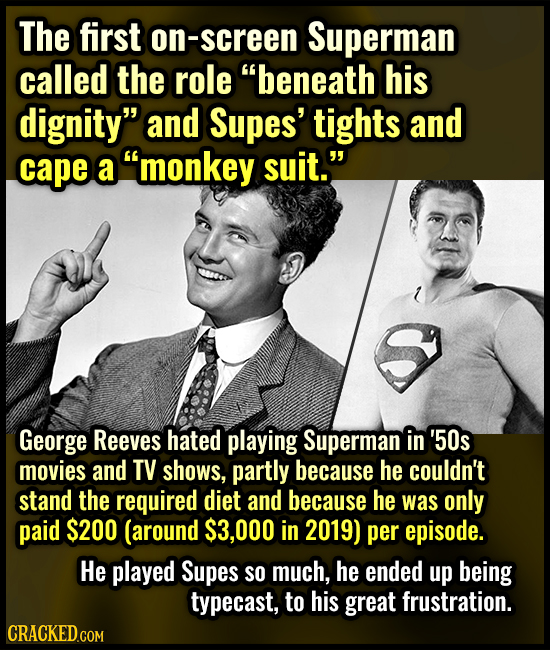 The first on-screen Superman called the role beneath his dignity and Supes' tights and cape a monkey suit. George ReeveS hated playing Superman in