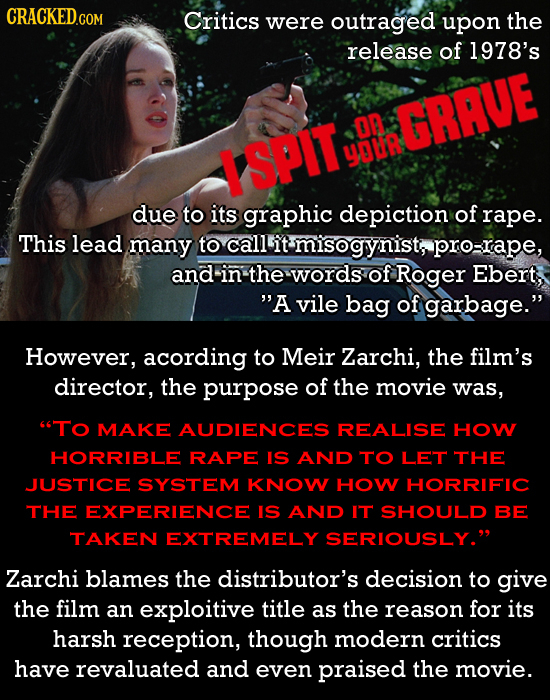 CRACKED Critics were outraged upon the release of 1978's OR GRAVE ISPIT YOUR due to its graphic depiction of rape. This lead many to call it misogynis