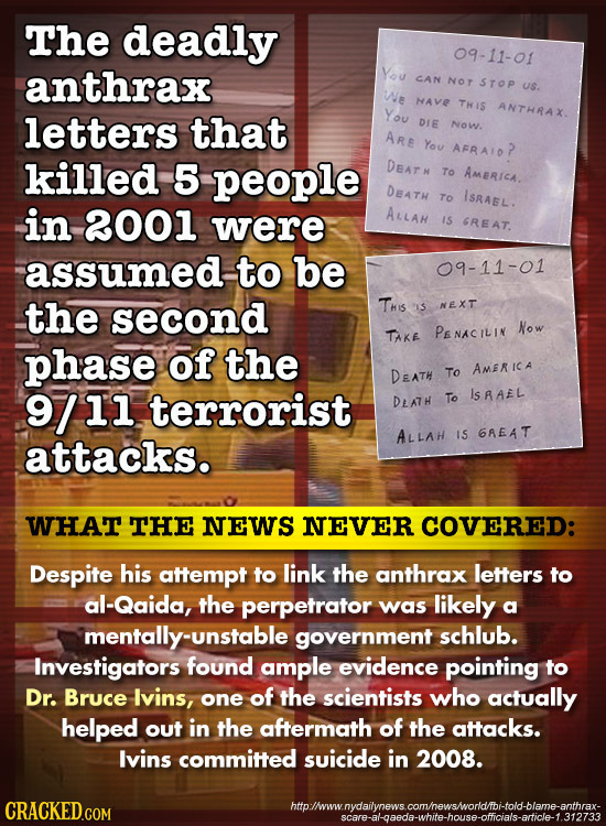 The deadly 09-11-01 anthrax YOU CAN NOT STOp us. We HAVE THIS letters that You ANTHRAX. DIE NoW. ARE You AFRAIO? killed 5 people DEAT N To Americh. DE