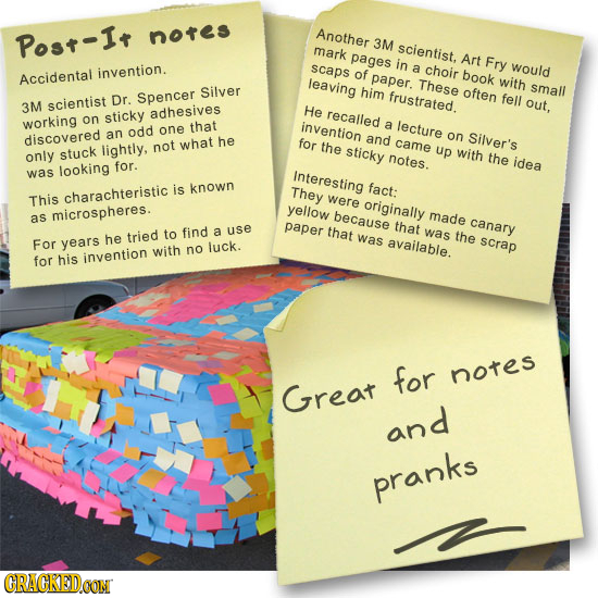 Post-It notes Another 3M mark scientist, pages in Art Fry a would invention. scaps of choir Accidental leaving paper. book These with Silver him frust