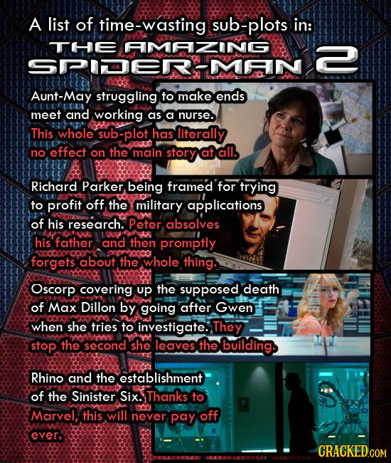 A list of time-wasting sub-plots in: TFHE AMAZING 2 SPIDERR-MAN Aunt-May struggling to make ends meet and working as a nurse. This whole sub-plot has