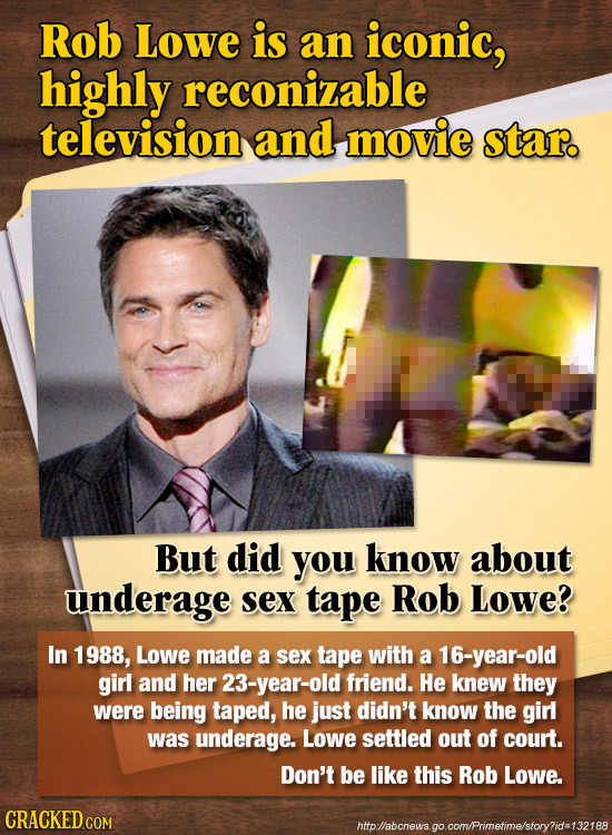 Rob Lowe is an iconic, highly reconizable television and movie star. But did you know about underage Sex tape Rob Lowe? In 1988, Lowe made a sex tape