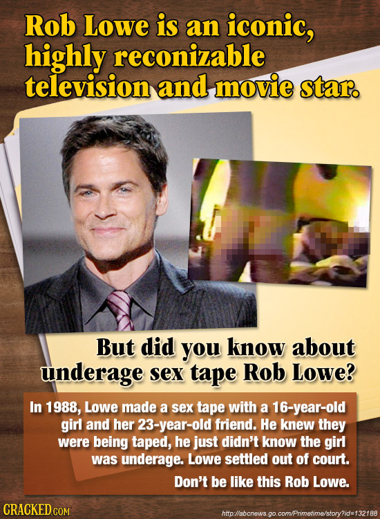 Rob Lowe is an iconic, highly reconizable television and movie star. But did you know about underage Sex tape Rob Lowe? In 1988, Lowe made a sex tape 