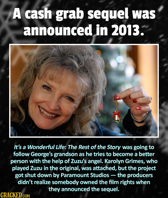 A cash grab sequel was announced in 2013:3 It's a Wonderful Life: The Rest of the Story was going to follow George's grandson as he tries to become a