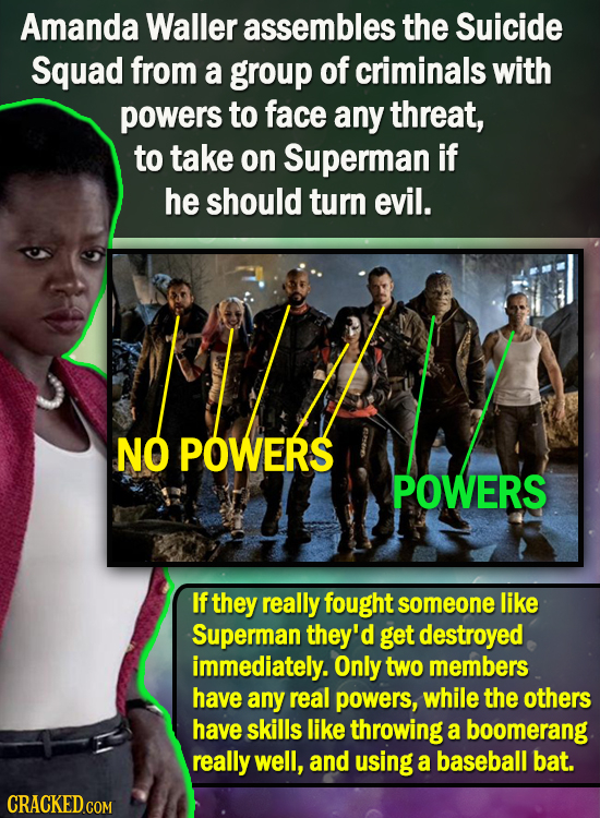 Amanda Waller assembles the Suicide Squad from a group of criminals with powers to face any threat, to take on Superman if he should turn evil. NO POW