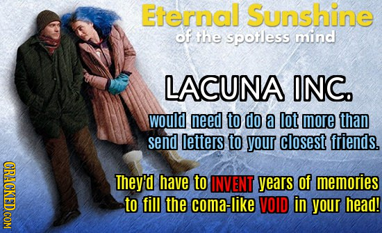 Eternal Sunshine of the spotless mind LACUNA ONC. would need to do a lot more than send letters to your closest friends. They'd have to INVENT years o