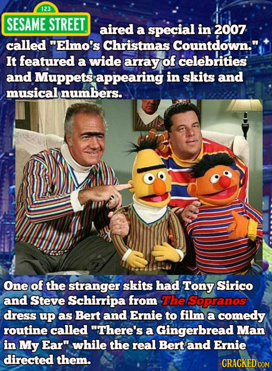 123 SESAME STREET aired a special in 2007 called Elmo's Christmas Countdown. It featured a wide array of celebrities and Muppets appearing in skits