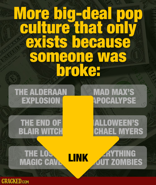 More big- -deal pop culture that only exists because someone was broke: 34770 THE ALDERAAN MAD MAX'S EXPLOSION APOCALYPSE THE END OF ALLOWEEN'S BLAIR