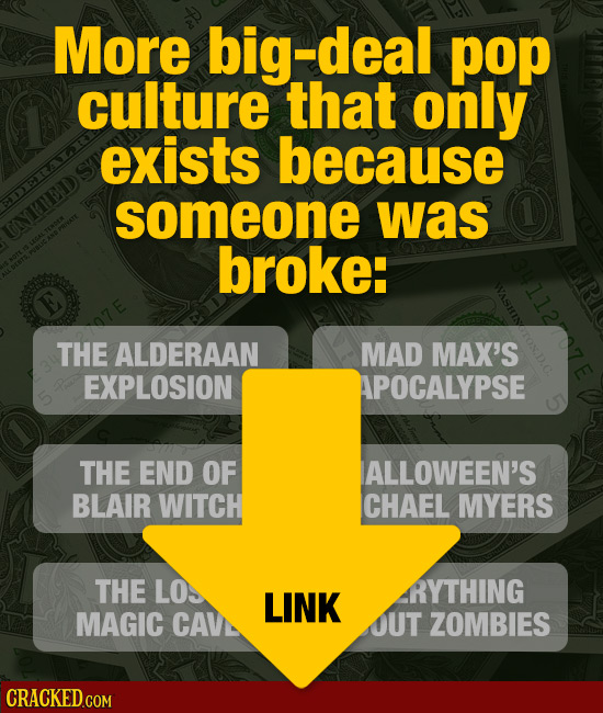 More big- -deal pop culture that only exists because someone was broke: 34770 THE ALDERAAN MAD MAX'S EXPLOSION APOCALYPSE THE END OF ALLOWEEN'S BLAIR 