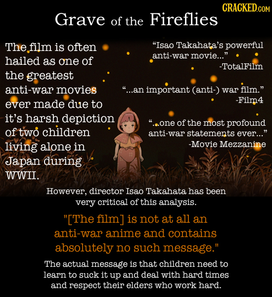 Grave of the Fireflies The film is often Isao Takahata's powerful hailed anti-war movie... as one of -Totalfilm the greatest anti-war movies ...an