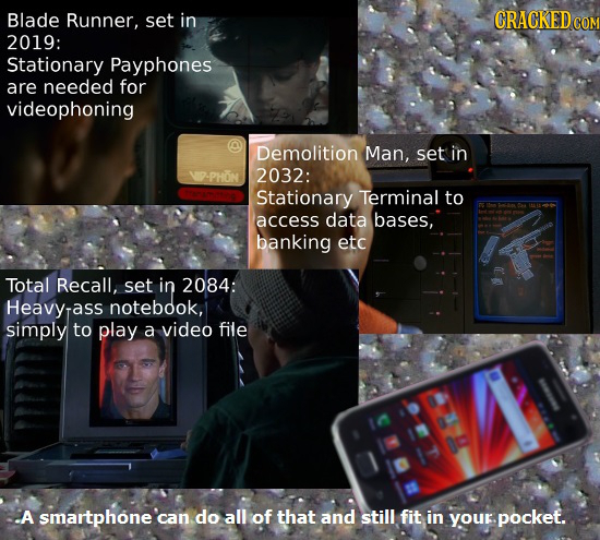 Blade Runner, set in CRACKED C COM 2019: Stationary Payphones are needed for videophoning Demolition Man, set in VIP-PHON 2032: Stationary Terminal to