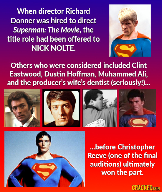 When director Richard Donner was hired to direct Superman: The Movie, the title role had been offered to NICK NOLTE. Others who were considered includ