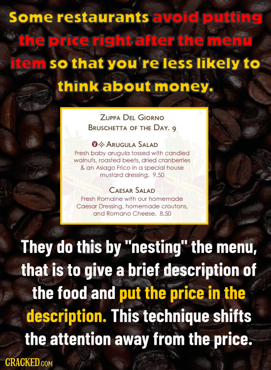 Some restaurants avoid putting the prlce right after the menu item so that you're less likely to think about money. ZUPPA DEL GIORNO BrUsCHETTA OF THE