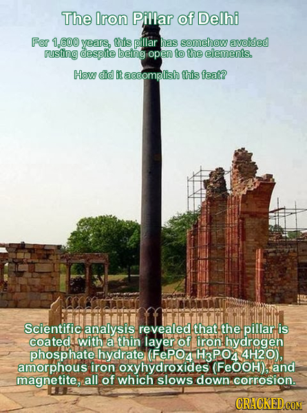 The Iron Pillar of Delhi For 1.600 years, this pillar has somehow avoided rusting despite being open to the elements. How did it accomplish this feat?