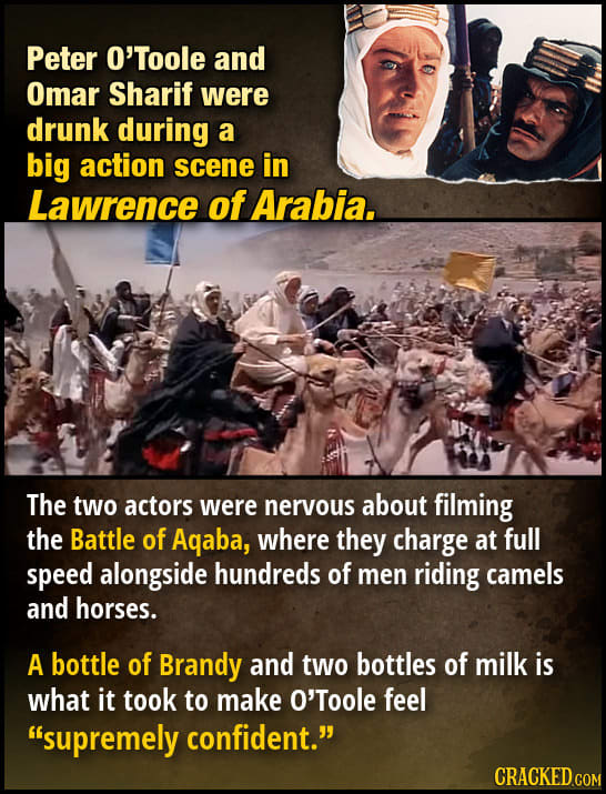 Peter O'Toole and Omar Sharif were drunk during a big action scene in Lawrence of Arabia. The two actors were neryous about filming the Battle of Agab
