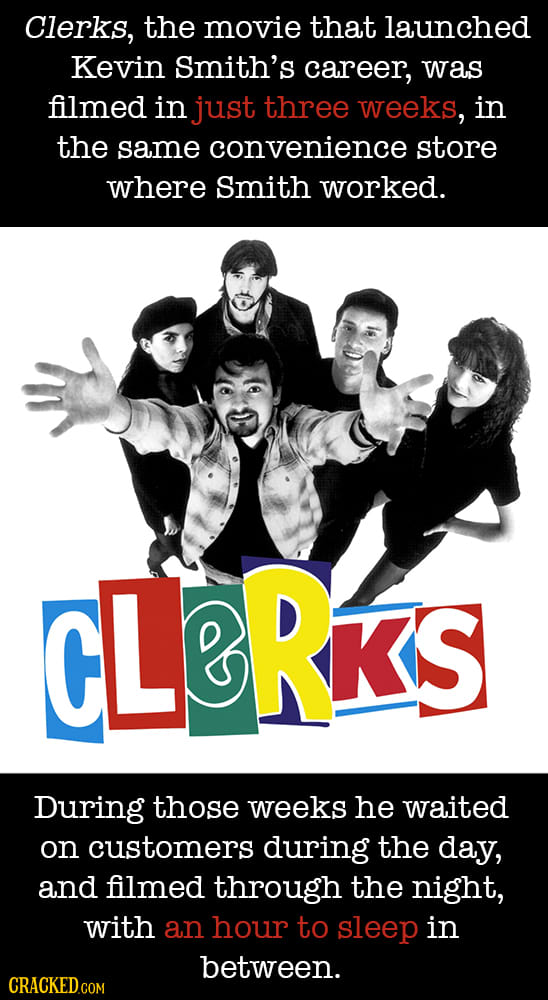 Clerks, the movie that launched Kevin smith's career, was filmed in just three weeks, in the same convenience store where Smith worked. CLRKS During t