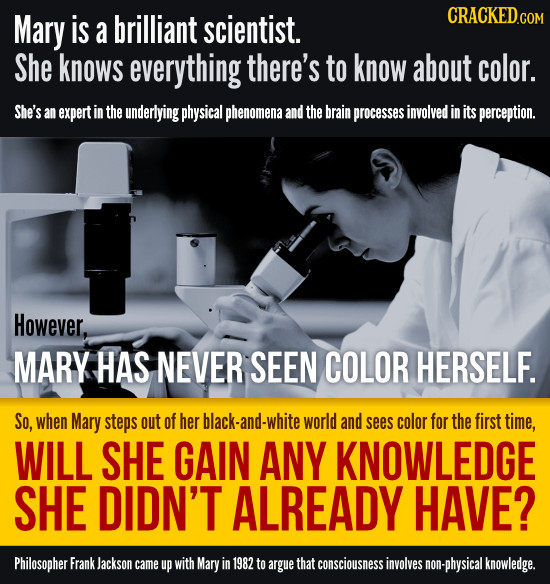 Mary is brilliant scientist. CRACKEDCON a She knows everything there's to know about color. She's an expert in the underlying physical phenomena and t