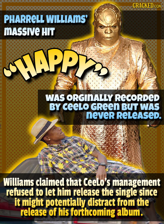 CRACKED cO PHARRELL WILLIAmS' MASSIVE HIT HAPPr. WAS ORGINALLY RECORDED BY CeeLO GReEN BUT WAS never RELEASED. Williams claimed that CeeLo's managemen