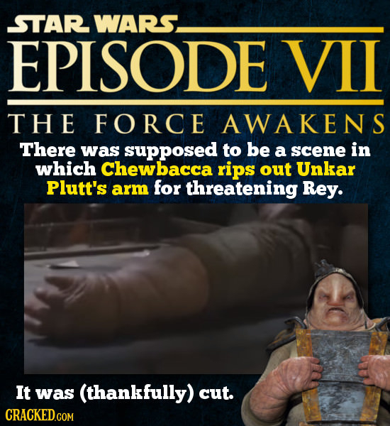 STAR WARS. EPISODE VIL THE FORCE AWAKENS There was supposed to be a scene in which Chewbacca rips out Unkar Plutt's arm for threatening Rey. It was (t