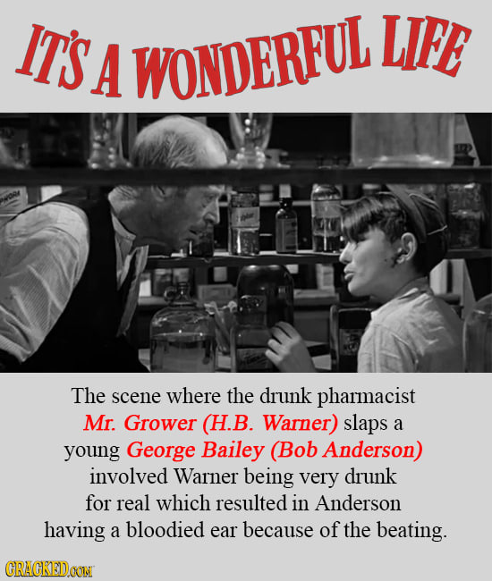 IT'S LIFE WONDERFUL The scene where the drunk pharmacist Mr. Grower (H.B. Warner) slaps a young George Bailey (Bob Anderson) involved Warner being ver