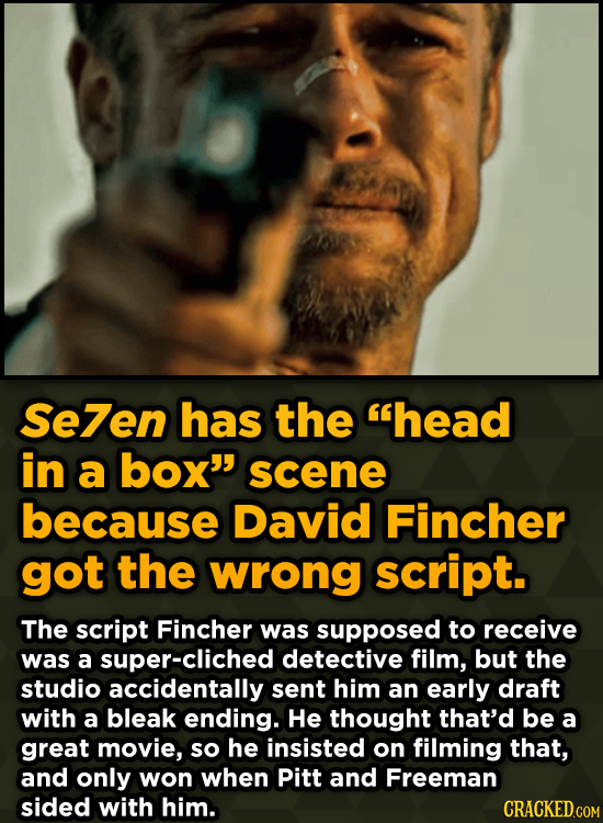 Unpredictably Weird Decisions That Gave Us Major Movie Moments - Se7en has the head in a box scene because David Fincher got the wrong script.