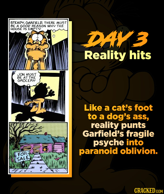 STEADY, GARFIELD THERE MUST BE A GOOD REASON WHY THE HOUSE IS EMPT DA Reality hits JON MUST BE AT THE GROCER4 Like a cat's foot to a dog's ass, realit