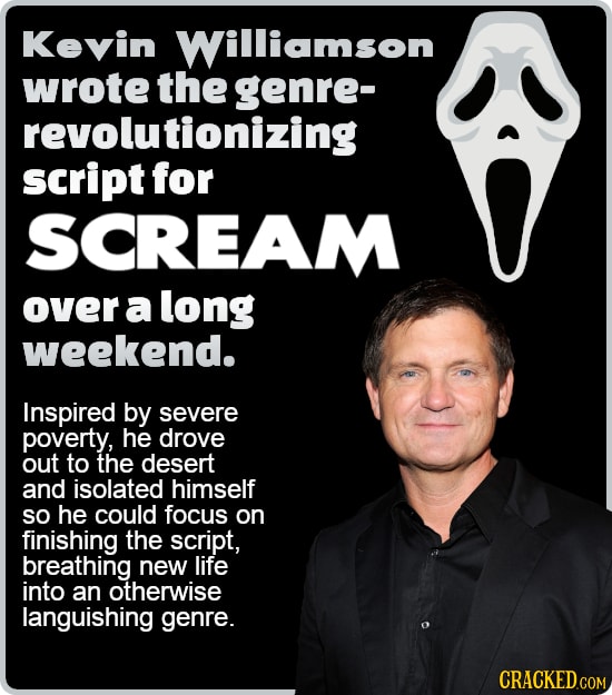 Kevin Williamnson wrote the genre- revolutionizing script for SCREAM over a long weekend. Inspired by severe poverty, he drove out to the desert and i