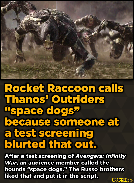 Unpredictably Weird Decisions That Gave Us Major Movie Moments - Rocket Raccoon calls Thanos' Outriders space dogs because someone at a