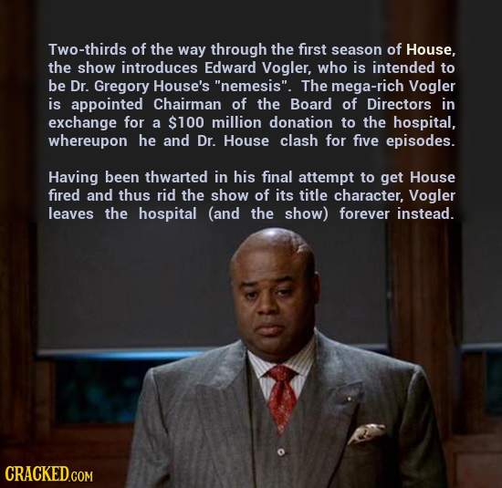 Two-thirds of the way through the first season of House, the show introduces Edward Vogler, who is intended to be Dr. Gregory House's nemesis. The m