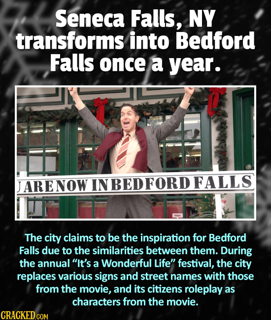 Seneca Falls, NY transforms into Bedford Falls once a year. ARENOW IN BEDFORD FALLS The city claims to be the inspiration for Bedford Falls due to the