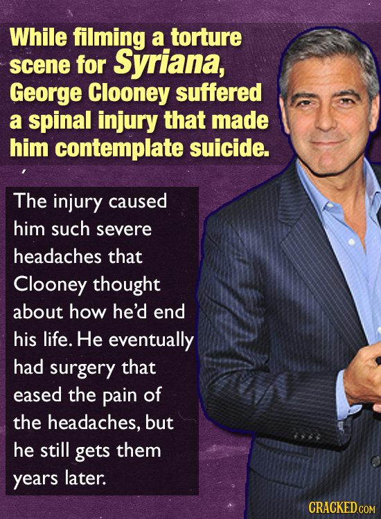 While filming a torture scene for Syriana, George Clooney suffered a spinal injury that made him contemplate suicide. The injury caused him such sever