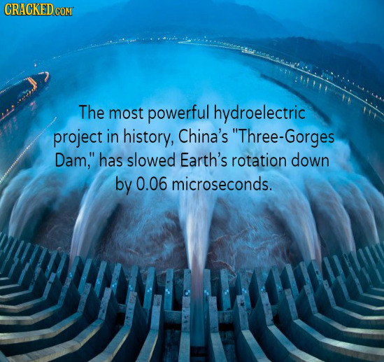 CRACKEDC COM The most powerful hydroelectric project in history, China's Three-Gorges Dam, has slowed Earth's rotation down by 0.06 microseconds.