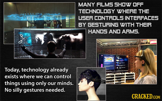 MANY FILMS SHOW OFF TECHNOLOGY WHERE THE USER CONTROLS INTERFACES BY GESTURING WITH THEIR HANDS AND ARMS. Today, technology already exists where we ca