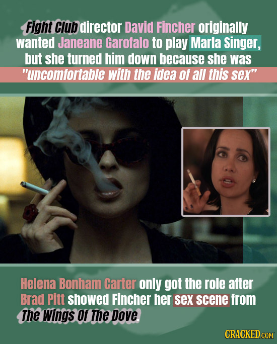 Fight CIUb director David Fincher originally wanted Janeane Garofalo to play Marla Singer, but she turned him down because she was uncomfortable with