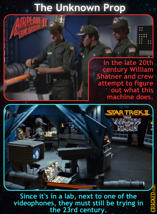 The Unknown Prop AIRPLANEII SEQUEL THE In the late 20th century William Shatner and crew attempt to figure out what this machine does. STARTREKIL Tha