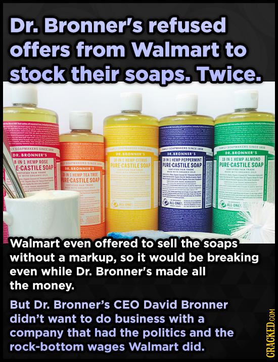 Dr. Bronner's refused offers from Walmart to stock their soaps. Twice. .BRONNER'S RONNIR'S b BRONNER'S DR. BRONNERIS HEMP CUTRUS HIN- HEMP PEPPERMINT