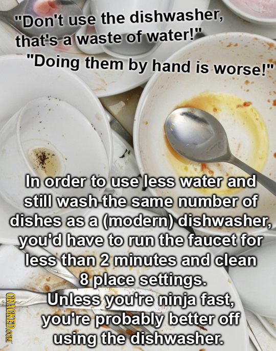 Don't dishwasher, use the that's waste of water! a Doing them by hand is worse! In order to use less water and still wash the same number of dishe