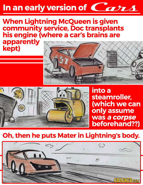 In an early version of Cars When Lightning McQueen is given community service, Doc transplants his engine (where a car's brains are apparently kept) 5