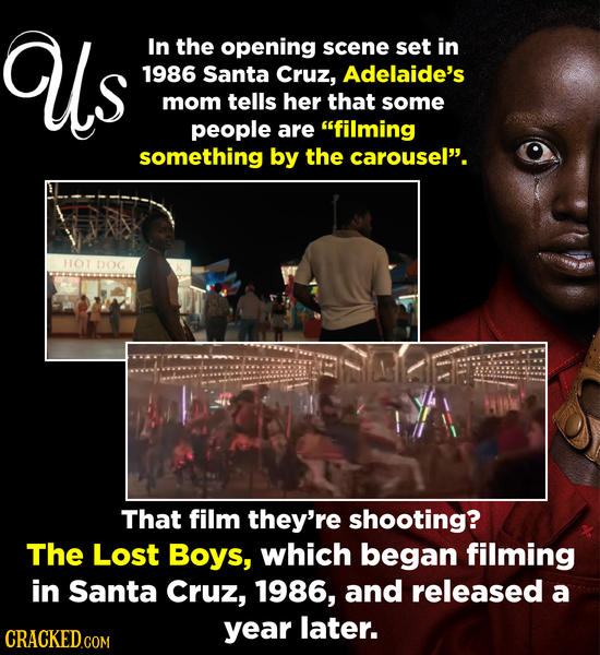 us In the opening scene set in 1986 Santa Cruz, Adelaide's mom tells her that some people are filming something by the carousel'. HOT DOG That film