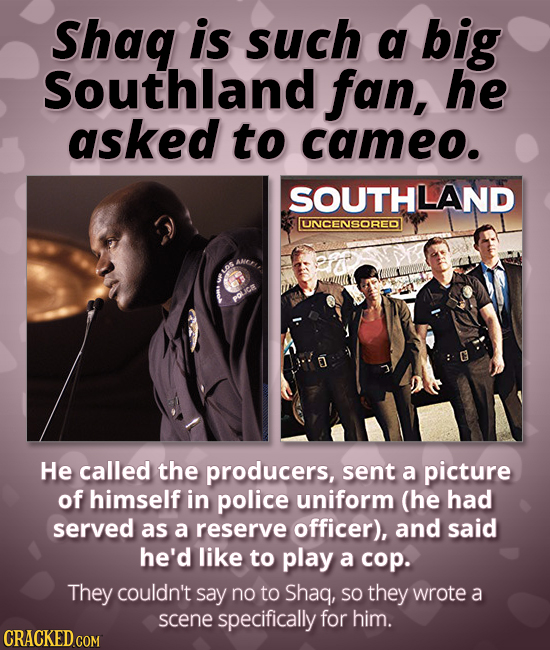 Shag is such a big Southland fan, he asked to cameo. SOUTHLAND UNCENSORED He called the producers, sent a picture of himself in police uniform (he had