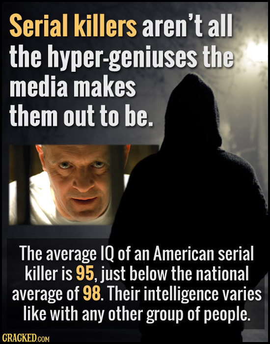 Serial killers aren't all the hyper-geniuses the media makes them out to be. The average IQ of an American serial killer is 95, just below the nationa