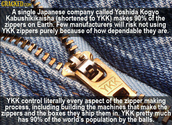 CRACKED COM A single Japanese company called Yoshida Kogyo Kabushikikaisha (shortened to YKK) makes 90% of the zippers on Earth. Few manufacturers wil